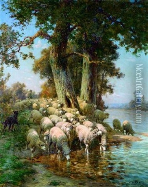 Berger Et Son Troupeau De Moutons A L'abreuvoir Oil Painting - Charles H. Clair