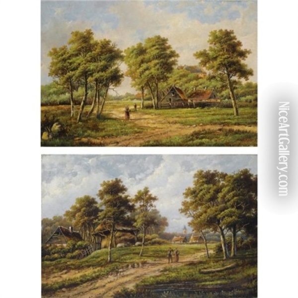 Peasants Near A Farm Stead (+ Travellers In A Summer Landscape; Pair) Oil Painting - Hendrik Barend Koekkoek
