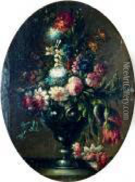 Tulips, Roses And Other Flowers In A Pewter Cup, On A Tabletop Oil Painting - Gasparo Lopez