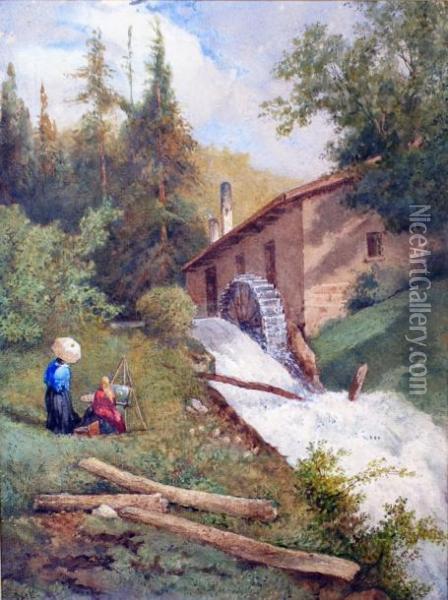 Environs De Berne, Peintre A Son Chevalet Devant Un Moulin A Eau Oil Painting - Ernest Jaime