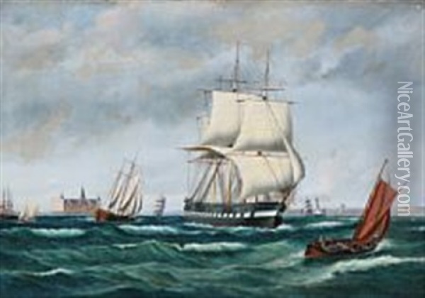 Sailing Ships At Sea With Kronborg Castle In The Background Oil Painting - Peder Nielsen Foss