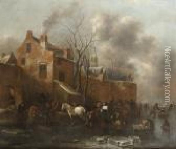 A Winter Landscape With Skaters 
On A Frozen River, Workmen Unloading Their Sledges And Numerous Other 
Figures Outside The Walls Of A Walled Town Oil Painting - Claes Molenaar (see Molenaer)