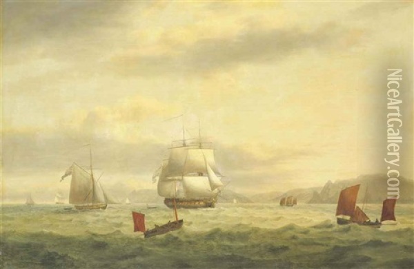 A Royal Navy Frigate And Armed Cutter In The Channel Off The Devonshire Coast Oil Painting - Thomas Luny