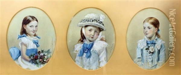 Half Length Portraits Of Young Girls, All In Blue Dresses Oil Painting - Leslie Matthew Ward