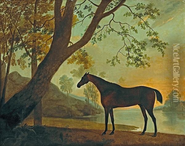 Lord Cleremont's Racehorse 'imperator' In Awooded River Landscape Oil Painting - John Best