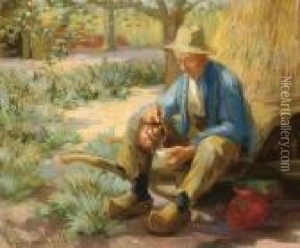 A Farmer Drinking Tea Oil Painting - Hendricus Anthonius Dievenbach