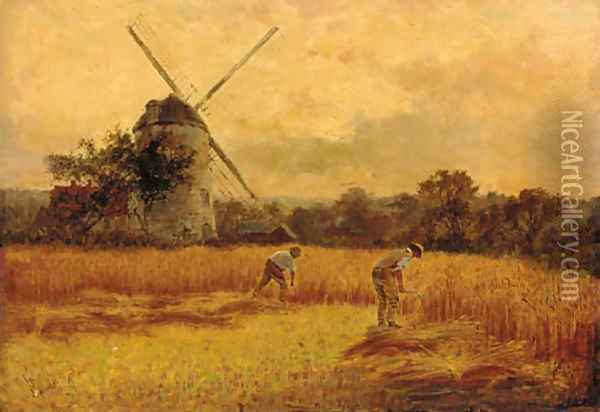 Figures harvesting before a windmill Oil Painting - Harry Wallace