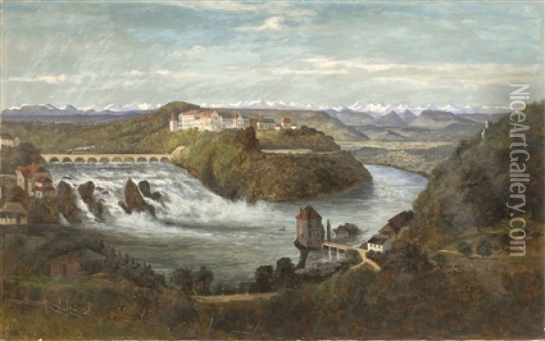 Panoramic European Landscape Depicting A Large White Castle And Snow-covered Alps In The Background. A White Water River With Waterfall Fills The Foreground Oil Painting - Frank Henry Shapleigh