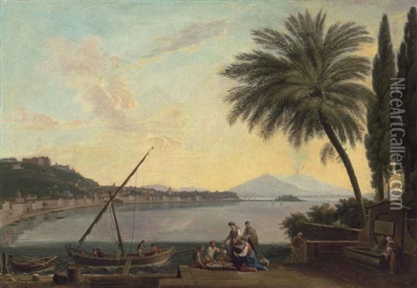 A View Of The Bay Of Naples From The Strada Di Posillipo, Looking East, With The Riviera Di Chiaia And Fishermen Selling Their Catch By A Palm Tree... Oil Painting - Pietro Fabris