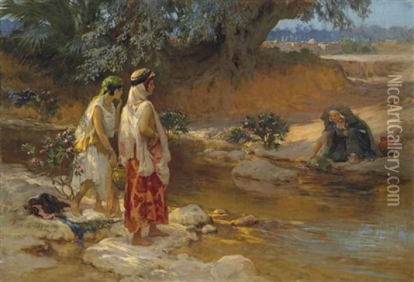 On The Banks Of The Wadi Oil Painting - Frederick Arthur Bridgman