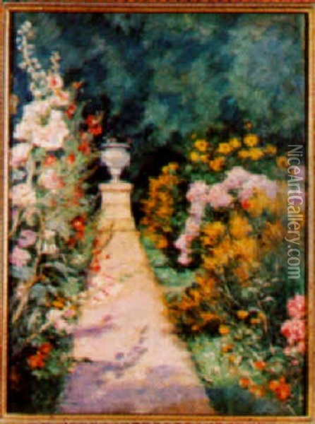 L'allee Bordee De Fleurs Oil Painting - Albert Aublet