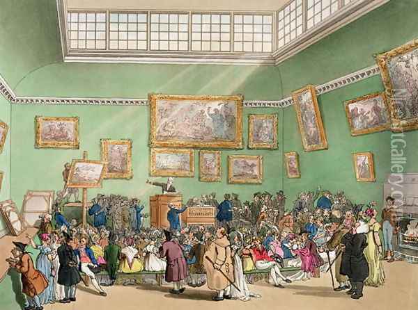 Christies Auction Room, aquatinted by J. Bluck fl.1791-1819 from Ackermanns Microcosm of London Vol 1, pub. 1809 Oil Painting - T. Rowlandson & A.C. Pugin