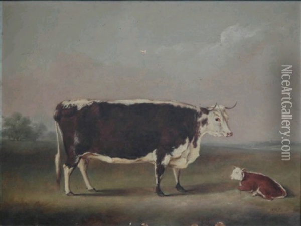 A Cow And A Calf In A Landscape Oil Painting - William Henry Davis