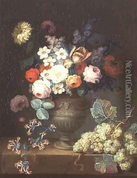 Still life of flowers in a classical vase with a bunch of grapes, 1768 Oil Painting - Philippe Parpette
