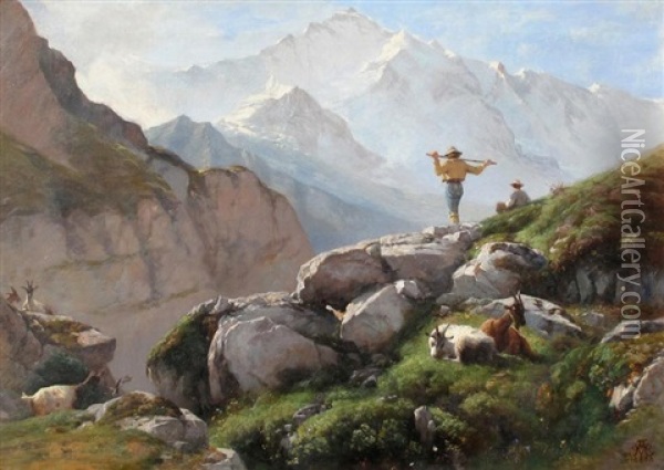 Alpine Landscape With Hikers And Mountain Goats Oil Painting - Albert De Meuron