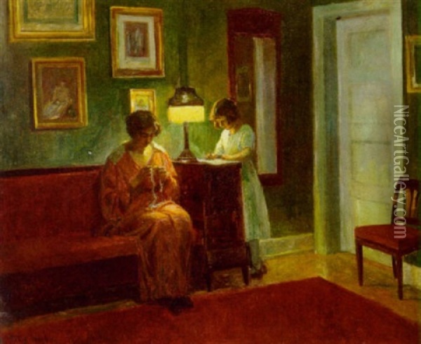 Interior Med Mor Og Barn I Lampelys Oil Painting - Poul Friis Nybo