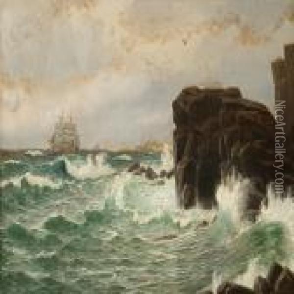 Rocky Shore With Tall Waves Oil Painting - Christian Vigilius Blache