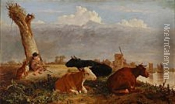 Resting Cattle And A Sleeping Shepherd Boy On A River Bank Oil Painting - John Burnet