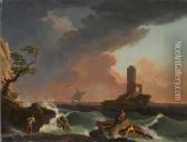 A Shipwreck In Stormy Seas With A Lighthouse Beyond Oil Painting - Francesco Fidanza