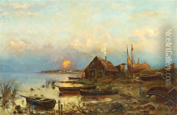 Fishermen Village Oil Painting - Yuliy Yulevich (Julius) Klever