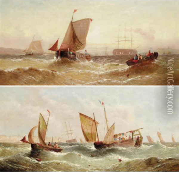 Fishing Boats; Stormy Seas Oil Painting - William Calcott Knell
