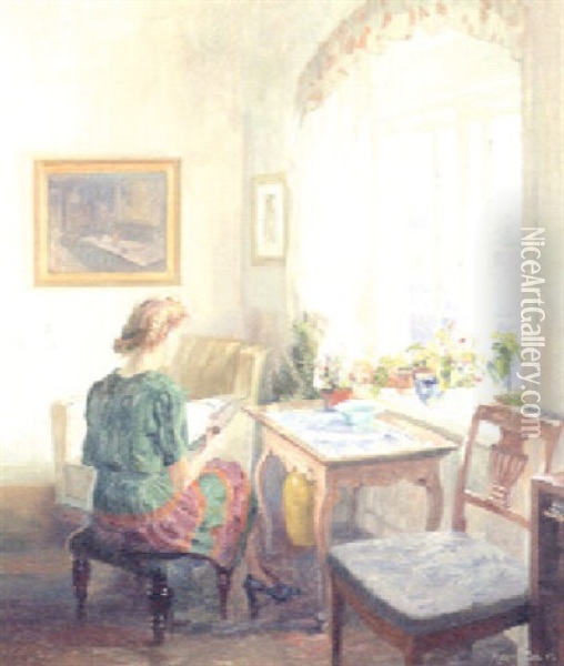 A Lady Reading In A Sunlit Interior Oil Painting - Robert Panitzsch