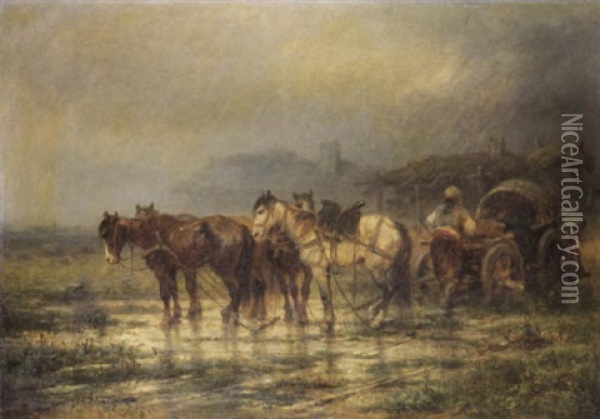 A Figure With A Wagon And Team Before A Village Oil Painting - Adolf Schreyer
