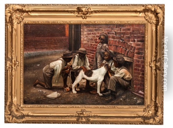 African American Genre Scene With Boys And Dog Oil Painting - John George Brown