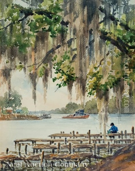 The Batture, Fishing Under The Live Oak Tree, Lafitte, Louisiana Oil Painting - Charles Oglesby Longabaugh