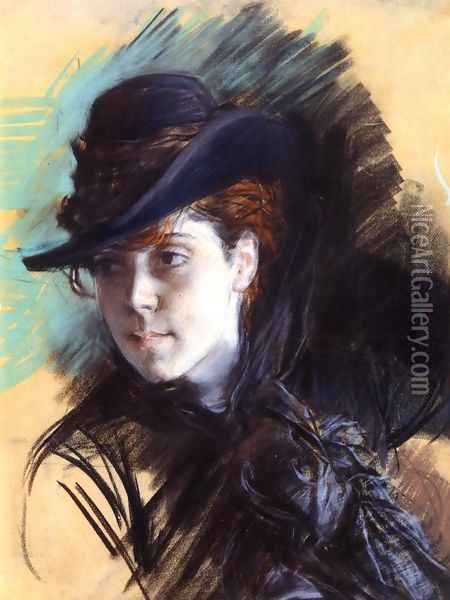 Girl In A Black Hat Oil Painting - Giovanni Boldini