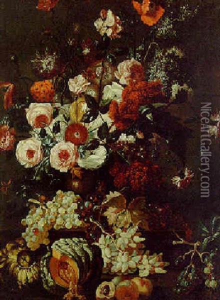 Roses And Other Flowers In An Urn With Grapes, A Melon And Peaches On A Ledge Oil Painting - Abraham Brueghel