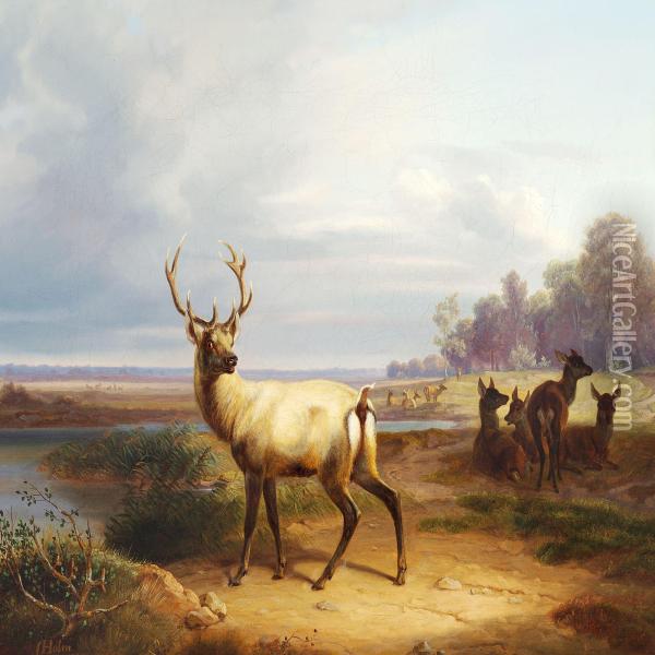 Stag And Red Deer Near A Lake Oil Painting - Christian Frederik Holm