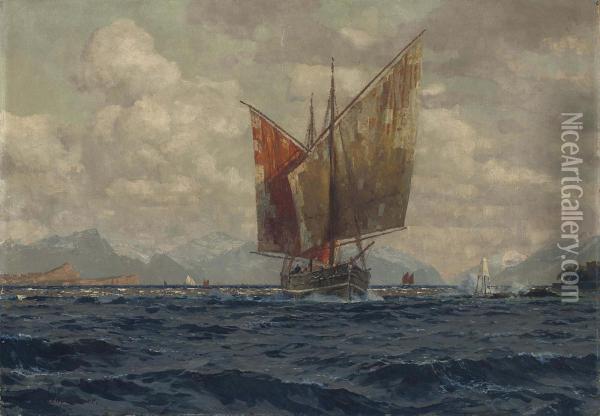 A Mediterranean Fishing Vessel Running Before The Wind Off A Mountainous Coastline Oil Painting - Michael Zeno Diemer