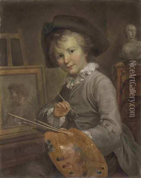 Portrait Of A Young Boy Seated At An Easel, A Classical Bust Behind Oil Painting - Francois Hubert Drouais