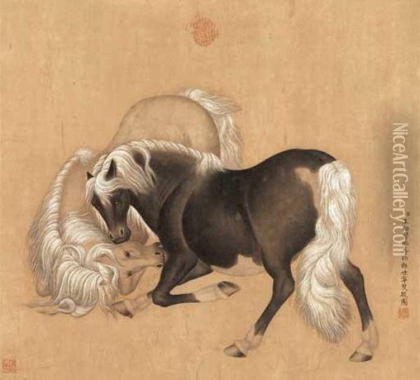 Two Horses In The Style Of Giuseppe Castiglione Oil Painting - Ding Guanpeng