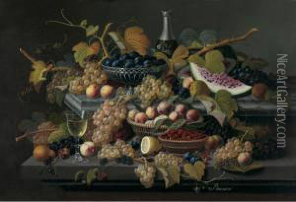 Elaborate Still Life With Silver Basket Of Plums Oil Painting - Severin Roesen