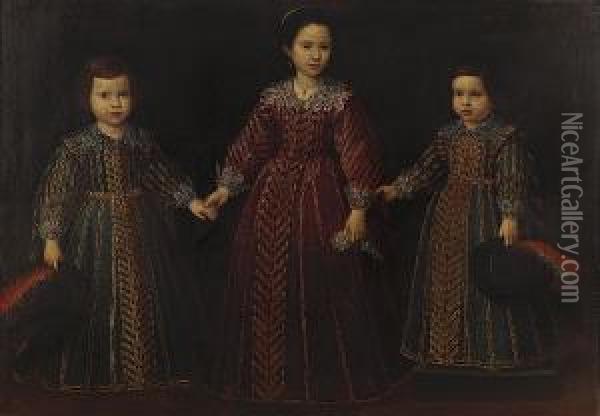 A Portrait Group Of Three 
Children, Standing Full-length, In Embroidered Gowns With Lace Collars, 
In An Interior Oil Painting - Tiberio di Tito