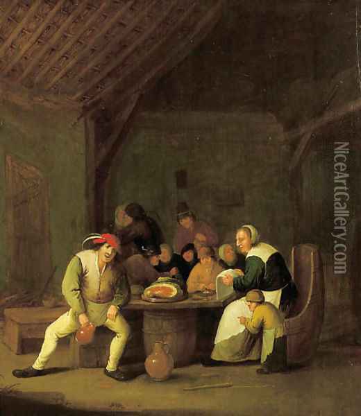 A peasant family in a barn Oil Painting - Bartholomeus Molenaer
