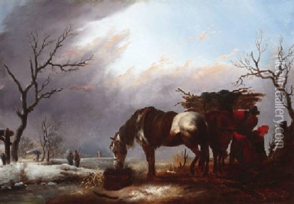 Reisigsammler Mit Ihren Pferden In Verschneiter Winterlandschaft Oil Painting - Joseph Jodocus Moerenhout
