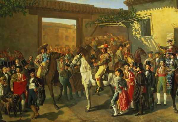 Horses in a Courtyard by the Bullring before the Bullfight, Madrid, 1853 Oil Painting - Manuel Castellano