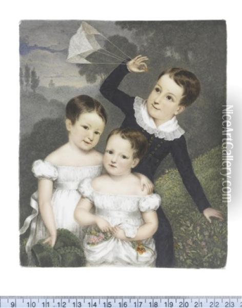 The Three Children Of Bonamy And Caroline Dobree; Bonamy (1818-1907), Caroline (b.1820) And Mary (b.1821 Oil Painting - William Corden