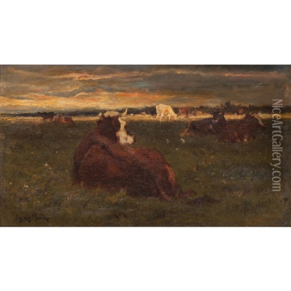 Cows Resting Oil Painting - Emile van Marcke de Lummen