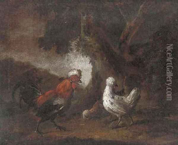 Foraging chickens Oil Painting - Melchior de Hondecoeter