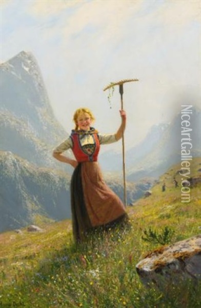 Peasant Girl With A Rake Oil Painting - Hans Dahl