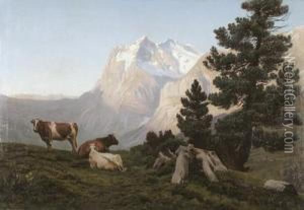 Drei Kuhe Auf Einer Alm Vor Dem Wetterhorn. Oil Painting - Albert Lugardon