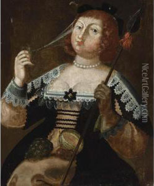 An Elegantly Dressed Lady Holding A Glass And A Spear Oil Painting - Wolfgang Heimbach