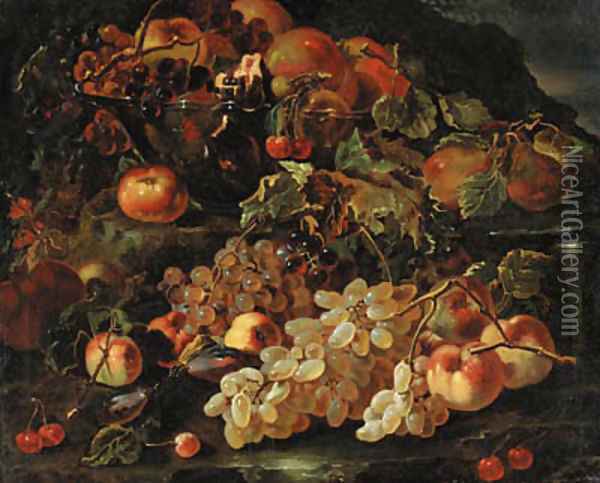 Grapes, apples and pomegranates in a glass bowl with other fruit on a rocky bank Oil Painting - Giovanni Paolo Spadino