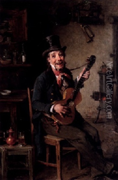 Interior Med Gitarrspelande Man Oil Painting - Hermann Kern