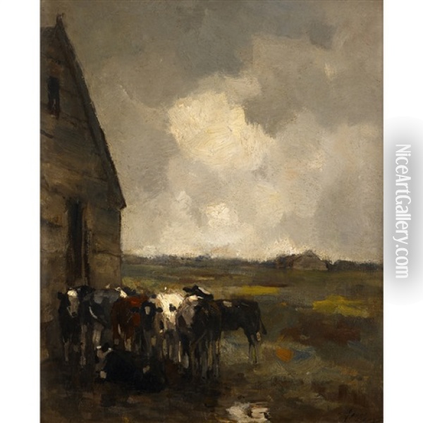 Cows In A Landscape, Storm Clearing Oil Painting - Frans Langeveld