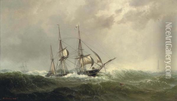 A Three-masted Barque Reefed-down In Heavy Weather Oil Painting - Vilhelm Melbye